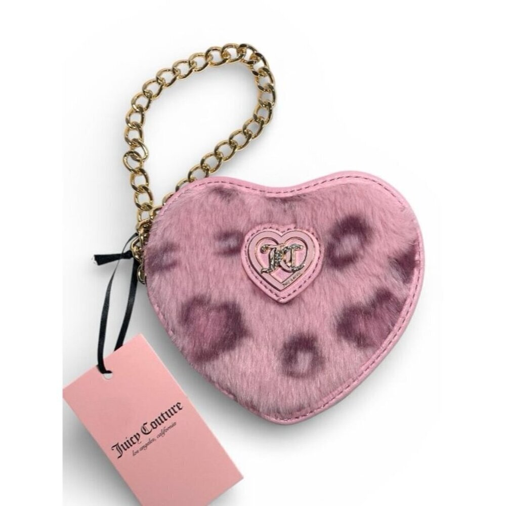 Juicy Couture Faux Fur Pink Leopard Print Get Cozy Heart Shape Wristlet Bag NWT - Picture 4 of 6